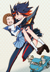  2boys 3girls black_hair brown_hair carrying commentary_request guts_(kill_la_kill) highres kill_la_kill maabou mankanshoku_barazou mankanshoku_mako mankanshoku_matarou mankanshoku_sukuyo matoi_ryuuko multicolored_hair multiple_boys multiple_girls princess_carry school_uniform senketsu serafuku short_hair thighhighs two-tone_hair 