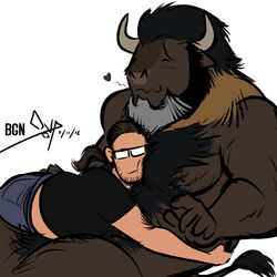  1:1 2016 5_fingers american_bison anthro beard bgn bgn_(character) bison black_body black_clothing black_eyebrows black_fur black_hair black_shirt black_topwear blue_bottomwear blue_clothing blue_pants blush body_hair bottomwear bovid bovine brown_body brown_fur brown_hair brown_tail chest_hair closed_eyes clothed clothing cuddling digital_media_(artwork) duo eyebrows eyewear facial_hair fingers fully_clothed fur gilberto_(bgn) glasses grey_horn hair heart_symbol horn human light_body light_skin long_hair male male/male mammal multicolored_body multicolored_fur noseless nude pants ponytail shirt signature simple_background sitting slightly_chubby smile tail tail_tuft topwear tuft white_background 