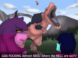  4:3 absurd_res ambiguous_gender anjanath anthro armor avian beak bird brute_wyvern capcom cloud dark_body dark_fur dark_hair darknetic deltarune dialogue duo english_text feathers female feral fur hair hi_res human kris_(deltarune) kris_where_are_we mammal meme monster monster_hunter mountain open_mouth profanity public purple_body purple_hair red_body red_feathers scalie scarf susie_(deltarune) teeth text turquoise_body undertale_(series) wildness yellow_body yellow_feathers yellow_sclera 