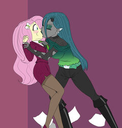  2019 accessory arthropod blush business_suit butterfly butterfly_(accessory) carniscorner clothed clothing crown dialogue duo ear_piercing english_text equestria_girls eye_contact eyeshadow fangs female female/female flirting fluttershy_(eg) forced forced_kiss friendship_is_magic green_eyeshadow green_hair grey_body grey_skin grin hair hair_accessory hairclip hairpin half-closed_eyes hasbro headgear holding_tie human humanoid_pointy_ears insects kiss_on_lips kissing lepidopteran lipstick long_hair looking_at_another makeup mammal my_little_pony narrowed_eyes nervous not_furry piercing pink_hair pinned pinned_to_wall queen_chrysalis_(eg) queen_chrysalis_(mlp) simple_background smile suit surprise teeth text white_background wide_eyed yellow_body yellow_skin 