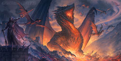  2021 ambiguous_gender armor biped black_claws building cape claws clothed clothing cloud day destruction detailed_background digital_media_(artwork) digital_painting_(artwork) dragon enchanted_sword european_mythology feral fire flaming_sword flying glowing glowing_body glowing_eyes glowing_mouth glowing_scales glowing_wings group holding_melee_weapon holding_object holding_sword holding_weapon horn horned_humanoid humanoid landscape_dwarfing macro male melee_weapon membrane_(anatomy) membranous_wings mythological_creature mythological_scalie mythology night open_mouth outside quadruped sandara scales scalie shaded sky spines standing sword tail teeth tongue watermark weapon western_dragon wings 