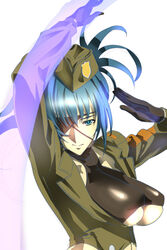  blue_eyes blue_hair boots breasts earrings eyepatch female full_body gloves hat highres holster jewelry judge_(oekaki) knee_boots leona_heidern military navel patch ponytail smile snk snk_heroines:_tag_team_frenzy soldier solo standing strap the_king_of_fighters thighs thong underboob 