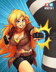  ahoge artist_name belt black_shorts blonde_hair breasts brown_jacket cleavage commentary_request crop_top female fingerless_gloves gloves grin highres jacket large_breasts long_hair midriff navel nortuet orange_scarf patreon_logo punching punching_bag purple_eyes rwby scarf short_shorts shorts smile solo twitter_logo vambraces yang_xiao_long 