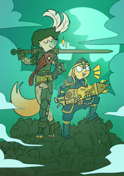  armor blep bulge canid canine cat-boots cavalier_hat cheeseus_(cheeseuschrist) clothing detailed_background domestic_rabbit duo excited fox greatsword grin hat headgear headwear helmet hi_res island_fox lagomorph leporid lop_rabbit male male/male mammal melee_weapon moon murid murine oryctolagus outside rabbit rat rodent sash skaven sky smile smug sword tongue tongue_out trench_(trenchfox) urocyon vermintide warhammer_(franchise) warhammer_fantasy warrior weapon 