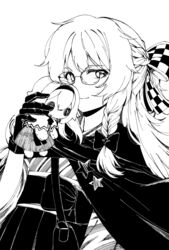  alice_margatroid bakarayuu bespectacled bow braid cape character_doll checkered_bow checkered_clothes commentary_request doll female glasses gloves greyscale hairbow hand_up highres holding holding_doll japanese_clothes kimono kirisame_marisa kirisame_marisa_(magician_at_the_hieda_residence) long_hair looking_at_viewer monochrome simple_background smile solo touhou touhou_lostword upper_body white_background 