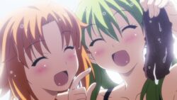  2girls ^_^ anime_screenshot blush carnival_phantasm closed_eyes green_hair hibino_hibiki highres katsuragi_chikagi long_hair mahou_tsukai_no_hako mahou_tsukai_no_yoru multiple_girls non-web_source orange_hair pointing sea_cucumber short_hair smile twintails wet 