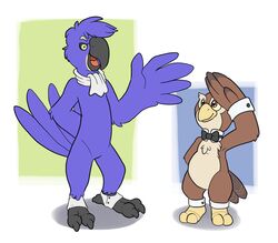  anthro avian beak bird blue_balls bow_(feature) bow_tie chippendales duo featureless_crotch gesture hand_behind_back hyacinth_macaw macaw male mostly_nude neotropical_parrot owl parrot salute shirt_collar shirt_cuffs size_difference spats standing true_parrot winged_arms wings 