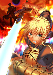  2boys aged_down ahoge armor artoria_pendragon_(fate) blonde_hair blood blood_on_face clenched_teeth emiya_kiritsugu emiya_shirou excalibur_(fate/stay_night) fate/stay_night fate/zero fate_(series) female fire frown glowing glowing_sword glowing_weapon great_grail green_eyes holding holding_sword holding_weapon mgk968 multiple_boys saber_(fate) silhouette sword teeth v-shaped_eyebrows weapon 