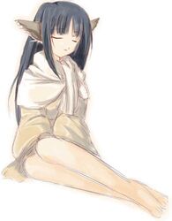  animal_ears artist_request barefoot black_hair closed_eyes female full_body long_hair simple_background sitting solo utawarerumono white_background yuzuha_(utawarerumono) 