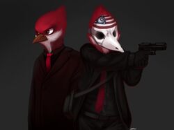  2015 4:3 anonymous_artist anthro avian avian_(starbound) bag beak biped bird black_clothing black_suit clothed clothing digital_media_(artwork) duo feathers gloves gun half-length_portrait handgun handwear hi_res holding_gun holding_object holding_ranged_weapon holding_weapon maladash male mask necktie payday_(series) pistol portrait ranged_weapon red_body red_feathers red_necktie simple_background standing starbound suit weapon white_body white_feathers 