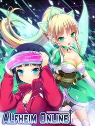  2girls amusphere bad_id bad_pixiv_id belt black_hair blonde_hair blue_eyes blush braid breasts brown_belt cleavage dual_persona elf energy energy_wings eyewear_on_head fairy fairy_wings glowing glowing_wings green_eyes green_wings head-mounted_display jacket kirigaya_suguha leafa long_hair magic medium_breasts milkshakework multiple_girls painttool_sai_(medium) pointy_ears ponytail puffy_sleeves sheath sheathed short_hair shorts smile sword sword_art_online thighhighs track_jacket twin_braids weapon wings 