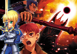  2boys armor artoria_pendragon_(fate) bad_proportions blonde_hair blue_dress blue_hair breastplate caliburn_(fate) commentary_request cu_chulainn_(fate) cu_chulainn_(fate/stay_night) dress emiya_shirou fate/stay_night fate_(series) female gae_bolg_(fate) gauntlets great_grail green_eyes holding holding_polearm holding_sword holding_weapon looking_at_viewer multiple_boys orange_hair polearm saber_(fate) short_hair spear sword two-handed uraomote weapon 