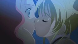  2girls aeru_(simoun) animated animated anime_screenshot blonde_hair blue_eyes blush closed_eyes hair_bun hand_on_another&#039;s_cheek hand_on_another&#039;s_face kissing lowres multiple_girls neviril_(simoun) parted_lips pink_hair pink_lips simoun single_hair_bun twintails yellow_eyes yuri 