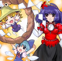  3girls \o/ arms_up bad_id bad_pixiv_id chibi cirno hair_ornament happy hat jumping leaf_hair_ornament lowres moriya_suwako multiple_girls no_nose oekaki open_mouth outstretched_arms ribbon rope shide shimenawa t2 touhou wings yasaka_kanako 