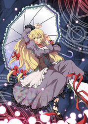  adapted_costume apr arms_up blonde_hair bow commentary_request corset danmaku dress female frills hairbow hands long_hair magic_circle multiple_hair_bows no_headwear parasol solo touhou umbrella very_long_hair yakumo_yukari yellow_eyes 