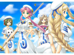  4girls aino_ai alicia_florence ametsuchi_akino aria_(manga) aria_company_uniform aria_pokoteng bird blonde_hair blouse blue_eyes braid brown_eyes clothing_cutout cloud day dress green_eyes green_hair hat long_dress long_hair mizunashi_akari multiple_girls oar outstretched_hand purple_eyes sailor_collar shirt short_hair short_sleeves side_slit sidelocks single_braid sky smile standing uniform very_long_hair white_dress white_shirt yaso_shigeru 