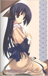  amazuyu_tatsuki animal_ears ass black_hair blind blunt_bangs border bow brown_eyes female from_side gradient_background highres interlocked_fingers japanese_clothes kimono long_hair long_sleeves looking_down official_art own_hands_clasped own_hands_together sash scan sitting smile solo tail tail_through_clothes utawarerumono very_long_hair wide_sleeves yuzuha_(utawarerumono) 