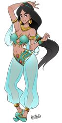  1girls aladdin arabian arabian_clothes armpits butcha-u clothed clothing dancing dark-skinned_female disney disney_princess earrings female female_only gemstone harem_outfit long_hair looking_at_viewer midriff posing princess princess_jasmine royalty see-through smile smiling solo very_long_hair 