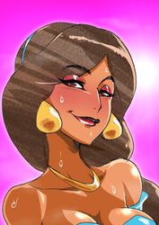  1girls aladdin arabian bimbo cleavage disney disney_princess earrings eyeshadow lips lipstick long_hair looking_at_viewer makeup naughty_face necklace princess_jasmine sweat zxcv 