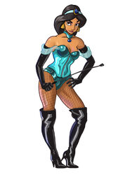  aladdin armwear black_hair blue_hairband boots breasts brown_hair choker cleavage disney disney_princess dominatrix elbow_gloves hairband high_boots high_heel_boots high_heels jewelry knotbot latex latex_boots latex_bra latex_gloves latex_panties latex_suit princess_jasmine riding_crop thigh_boots 