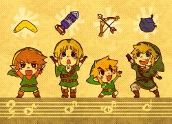  4boys belt black_eyes blue_eyes bomb boomerang bow_(weapon) brown_hair commentary_request earrings explosive gloves hat hook jewelry link male_focus motimamire multiple_boys multiple_persona musical_note pointy_ears smile the_legend_of_zelda the_legend_of_zelda:_a_link_to_the_past the_legend_of_zelda:_ocarina_of_time the_legend_of_zelda:_the_wind_waker the_legend_of_zelda:_twilight_princess toon_link weapon 