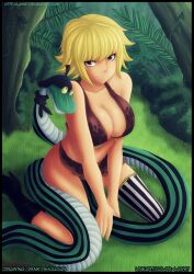  amazon amazon_lily asymmetrical_clothes blonde_hair boots breasts brown_eyes cleavage collaboration female highres kneeling loincloth marguerite one_piece snake striped striped_legwear thighhighs vertical_stripes 