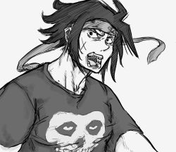  1boy bad_id band_shirt bb_(baalbuddy) contemporary domon_kasshu g_gundam greyscale gundam headband inactive_account male_focus merchandise misfits monochrome photoshop_(medium) shirt skull solo t-shirt upper_body 