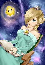  aqua_dress aqua_eyes bare_shoulders blonde_hair blue_dress book breasts brooch chair collarbone commentary_request crown dress earrings female hair_over_one_eye jewelry large_breasts light_smile lips long_hair long_sleeves luma_(mario) mario_(series) off-shoulder_dress off_shoulder rocking_chair rosalina sitting solo space star_(sky) star_(symbol) star_brooch star_earrings super_mario_galaxy wasabi_(legemd) 