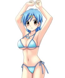  :o armpits arms_up bikini blue_bikini blue_hair blush breasts brown_eyes cleavage clenched_hands commentary_request cowboy_shot earrings female groin hair_ornament halterneck houshou_hanon jewelry large_breasts legs_together looking_at_viewer mermaid_melody_pichi_pichi_pitch miru navel necklace parted_bangs seashell shell short_hair side-tie_bikini_bottom simple_background solo standing string_bikini stud_earrings surprised swimsuit underboob white_background x_hair_ornament 