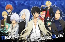  6+boys animal_hat aqua_hair belphegor_(reborn) black_hair blonde_hair byakuran commentary_request danemaru feathers fran_(reborn) frog_hat glasses hat heterochromia irie_shouichi katekyo_hitman_reborn! kikyo_(reborn) long_hair lussuria multiple_boys orange_hair photoshop_(medium) rokudou_mukuro short_hair spanner_(reborn!) superbi_squalo tiara white_hair xanxus 