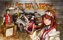  2boys anpei_kaneshiro back_to_the_future bad_id bad_pixiv_id blue_eyes bottle car cosplay crossover delorean dr_pepper emmett_brown emmett_brown_(cosplay) english_text female hashida_itaru life_vest long_hair makise_kurisu marty_mcfly marty_mcfly_(cosplay) motor_vehicle multiple_boys necktie okabe_rintarou red_hair red_necktie steins;gate sunglasses television time_machine toaster_oven 