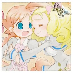  2girls =_= ahiru_(princess_tutu) blonde_hair blue_eyes bow braid closed_eyes commentary_request freckles french_text hairbow jiruta lilie_(princess_tutu) multiple_girls open_mouth orange_hair princess_tutu school_uniform shoes smile 