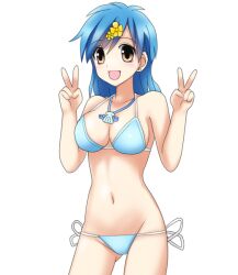  bad_id bad_pixiv_id bikini blue_hair blush breasts brown_eyes cleavage double_v earrings female hair_ornament hairclip houshou_hanon jewelry medium_breasts mermaid_melody_pichi_pichi_pitch miru navel necklace open_mouth short_hair side-tie_bikini_bottom smile solo swimsuit v 