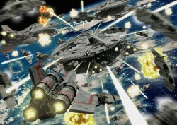  basestar battle battlestar_galactica cloud cylon earth epic explosion fleet iwasan no_humans oldschool photorealistic planet raider_(spacecraft) science_fiction space space_craft starfighter viper_(spacecraft) 