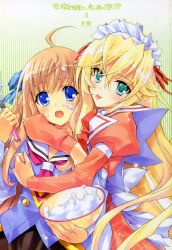  2girls :d :o :p ahoge apron aqua_eyes arm_around_neck artist_name baking bell blonde_hair blue_eyes blush bow bowl bowtie buttons copyright_name cream dress embarrassed food food_on_face gradient_background hair_between_eyes hair_ribbon highres holding hug hug_from_behind jingle_bell kaishaku kyoushirou_to_towa_no_sora licking long_hair long_sleeves looking_at_viewer looking_back maid maid_headdress messy multiple_girls necktie official_art open_mouth orange_hair profile ribbon scan school_uniform serafuku setsuna_(kyoushirou_to_towa_no_sora) shiratori_kuu shirt skirt smile striped striped_background surprised tongue tongue_out whisk yuri 