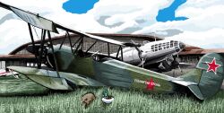  aircraft airplane biplane capybara commentary_request cyrillic female grass hangar hatsune_miku il-4 long_hair mecha military non-humanoid_robot po-2 robot russian_text rxjx solo soviet translated vehicle_focus vocaloid walker_(robot) world_war_ii 