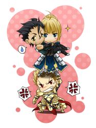  2boys anger_vein armor artoria_pendragon_(fate) black_hair blonde_hair blue_eyes blush_stickers carrying chibi commentary_request diarmuid_ua_duibhne_(lancer)_(fate) fate/zero fate_(series) female gilgamesh_(fate) multiple_boys on_head person_on_head photoshop_(medium) princess_carry red_eyes saber_(fate) sparkle spoken_sweatdrop sweatdrop tasuk913 tears yellow_eyes 