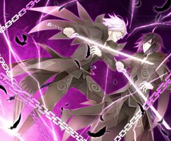  2boys ahoge battle black_hair boots chains coat commentary_request dual_persona duel electricity feathers male_focus multiple_boys pants purple_background shii_(shii158) sword tales_of_(series) tales_of_xillia weapon white_hair wingul_(tales) 