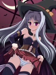  bad_id bad_pixiv_id clothes_lift cube_x_cursed_x_curious detached_sleeves fear_kubrick female food-themed_hair_ornament grey_hair hair_ornament halloween hat highres ishida_seito jack-o&#039;-lantern panties photoshop_(medium) pumpkin pumpkin_hair_ornament red_eyes side-tie_panties skirt skirt_lift solo striped_clothes striped_panties thighhighs underwear witch_hat 