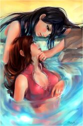  2girls avatar:_the_last_airbender avatar_legends azula black_hair breasts brown_hair cleavage commentary english_commentary lilaccu long_hair medium_breasts multiple_girls partially_submerged photoshop_(medium) rock signature ty_lee water wet wet_clothes yuri 