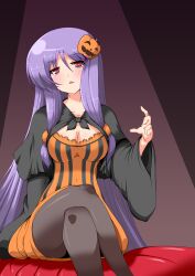  :&lt; alternate_costume breasts cleavage commentary_request crossed_legs dress female food-themed_hair_ornament hair_ornament halloween highres jack-o&#039;-lantern kotepo long_hair medium_breasts pantyhose patchouli_knowledge pumpkin pumpkin_hair_ornament purple_hair red_eyes sitting solo striped touhou vertical_stripes very_long_hair 