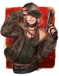  1boy bad_id bad_pixiv_id belt brown_hair facial_mark grey_hair gun handgun hat jacket jewelry kitakarai male_focus minamimoto_shou necklace ring solo studded_belt subarashiki_kono_sekai tank_top weapon yellow_eyes 