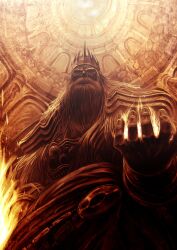  1boy beard cinders commentary_request crown dark_souls_(series) dark_souls_i donarudo facial_hair fire gwyn_lord_of_cinder highres male_focus photoshop_(medium) solo 