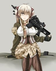  alternate_color battle_rifle bipod blonde_hair boots breasts brown_eyes commentary_request corset crossed_legs enoshima_iki female fingerless_gloves glasses gloves gun large_breasts long_hair m14 military mk_14_ebr one_eye_closed original rifle scarf scope shirt simple_background sitting smile sniper_rifle solo taut_clothes taut_shirt twintails weapon 