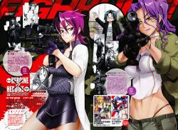  1boy 4girls absurdres bipod breasts character_request cleavage collar glasses gloves gun highres highschool_of_the_dead impossible_clothes impossible_shirt lab_coat large_breasts midriff minami_rika miniskirt multiple_girls photoshop_(medium) purple_hair red_eyes rifle satou_shouji scope shirt skirt sniper_rifle stats triage_x tsurugi_miki weapon 