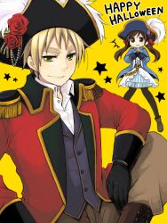  1boy alternate_costume ankle_boots ascot axis_powers_hetalia belt bicorne black_legwear blonde_hair blush boots brown_eyes brown_hair captain_hook captain_hook_(cosplay) cosplay cross-laced_footwear english_text epaulettes female flower frilled_skirt frills gem gloves gold green_eyes grin hair_ribbon halloween happy_halloween hat hat_feather hat_flower inari_(25) long_hair miniskirt open_mouth pants pantyhose pigeon-toed pirate red_flower red_rose ribbon rose seychelles_(hetalia) simple_background sitting skirt smile star_(symbol) steepled_fingers surprised sweat swept_bangs tegaki thick_eyebrows tricorne twintails united_kingdom_(hetalia) yellow_background 