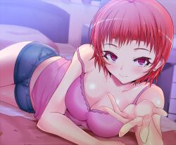  bad_id bad_pixiv_id bare_shoulders bed blue_shorts blush breasts cleavage denim denim_shorts female kasai_shin large_breasts lying on_side original purple_eyes red_hair short_hair short_shorts shorts smile solo strap_slip 