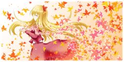  aki_shizuha autumn autumn_leaves blonde_hair closed_eyes commentary_request female hair_ornament leaf leaf_background leaf_hair_ornament leaf_on_head long_hair osashin_(osada) solo touhou 