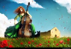  bow_(instrument) breasts building cello cloud curly_hair dress feline female flower grass green_dress green_eyes instrument jewelry lips lipstick makeup necklace orange_hair original phungdinhdung sitting sky sleeves_pushed_up 