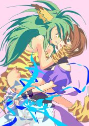  animal_ears blue_eyes boy brown_hair cat_ears cham_cham cham_cham chris crossover female girl green_eyes green_hair king_of_fighters long_hair samurai_spirits snk tiger_print 